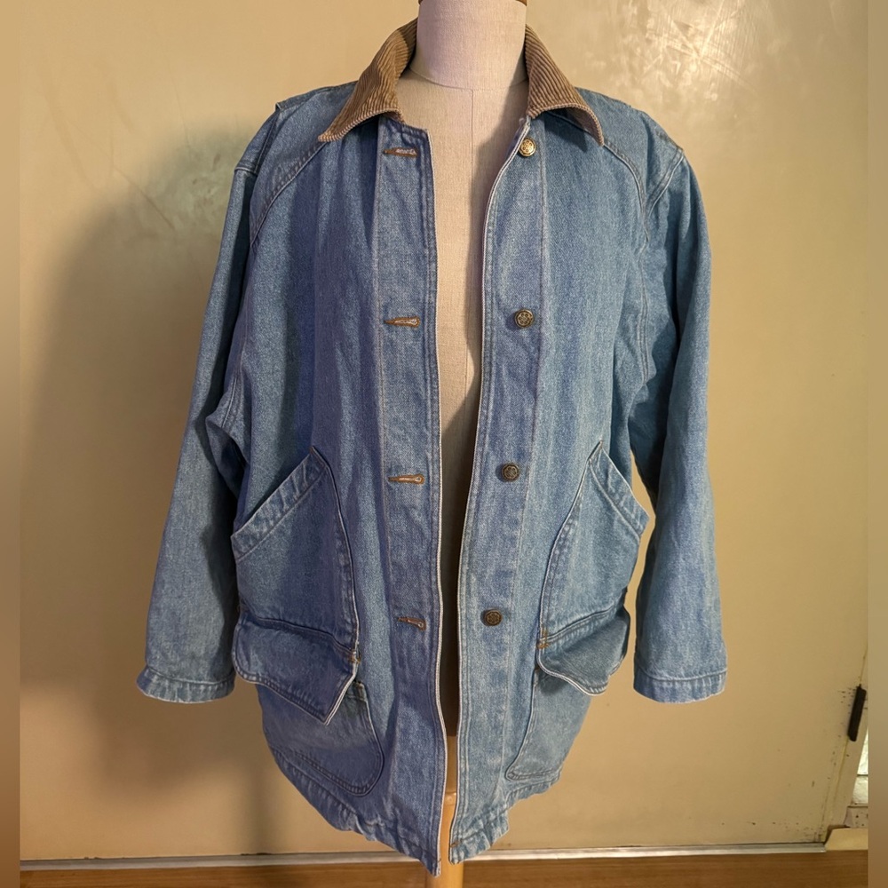 Men's vintage ‘80s Kenji blue denim jacket with tan corduroy collar